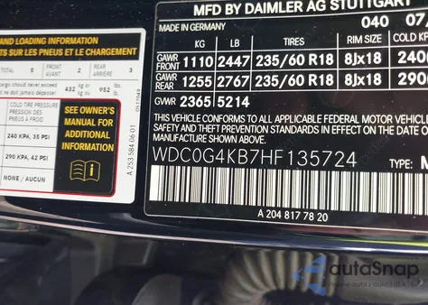 2017 Mercedes-Benz Glc 300 4Matic z USA, uszkodzony, nr VIN WDC0G4KB7HF135724